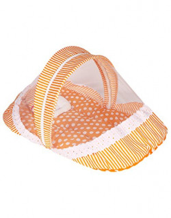 Littly Contemporary Cotton Baby Bedding Set with Foldable Mattress, Mosquito Net and Pillow, Polka, Orange