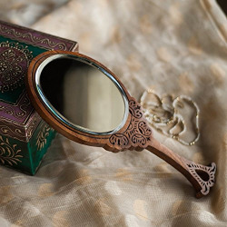 ExclusiveLane Wooden Engraved Home Decorative Handheld Mirror (Brown)