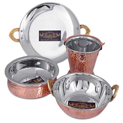 Crockery Wala And Company Steel Copper 1 Bucket Balti, 1 Handi Bowl, 1 Kadai, 1 Tava, Serveware Set, 4 Pcs