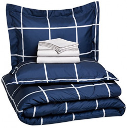AmazonBasics 7-Piece Bed-in-A-Bag - Full/Queen, Navy Simple Plaid (Includes 1 bedsheet, 1 Comforter, 4 Pillowcases, 1 Fitted Sheet)