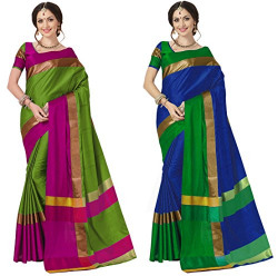 ANNI DESIGNER Women's Sarees Cotton Saree with Blouse Piece (Pack of 2) (Ashi Combos_Green & Sony Blue_Free Size)