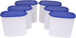 TallBoy Space Saver Plastic Container Set, 1.8 Liters, Set of 6, White and Blue