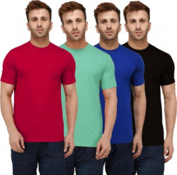 London Hills Solid Men Round Neck Light Green, Red, Black, Blue T-Shirt(Pack of 4)