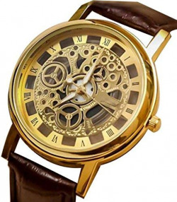 Howdy Analogue Golden Dial Black Leather Strap Transparent Watch For Men's & Boy's Ss548