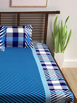 Story@Home Bedsheet for Double Bed with 2 Pillow Covers Combo Set, 100% Cotton - Magic Series, 152 TC, Stripes (Blue)