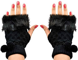Devil Pom Pom Fur Fingerless Cozy & Warm Winter Gloves for Women (Black)