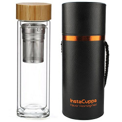 InstaCuppa Green Tea Detox Glass Bottle , 450 ml , Transparent , Steel Infuser Filter, Fruit Infusion Water Recipe eBook, Carry Sleeve