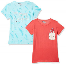 Qube By Fort Collins Girls' Animal Print Regular Fit T-Shirt (Pack of 2) (71-aoppl_Sky Blue and Carrot_24)