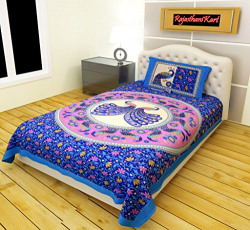 RajasthaniKart Classic 144 TC Cotton Single Bedsheet with Pillow Cover - Abstract, Blue