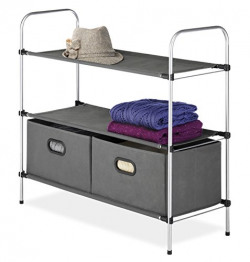 Whitmor 3 Tier Shelves Metal Closet Organizer with 2 Collapsible Drawers, Silver