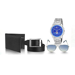 Timer Stylish Combo Pack of Watch Along with 1 Leather Wallet, 1 Leather Belt, 1 fastrack Sporty Watch,1 Aviator Sunglass