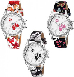 Swadesi Stuff Diamond Studded Analogue White Dial Multi Colored Leather Strap Luxury Fashion Watch for Women & Girls