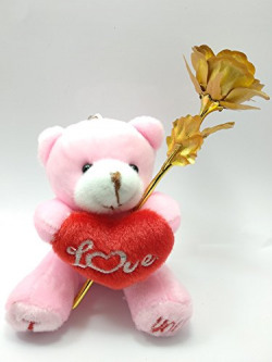 PragAart Lovely Teddy Bear Showing I Love U Message with Artificial Golden Rose (Pink)
