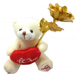 PragAart Lovely Teddy Bear Showing I Love U Message with Artificial Golden Rose (Yellow)