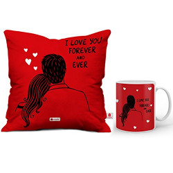 Indigifts For Valentine Red Printed Cushion 12X12 With Filler And Coffee Mug I Love You Forever