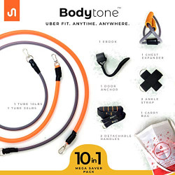 BodyBand ToneX Premium Latex Resistance Toning Tube Bands (Light, Heavy) with Chest Expander, Door Anchor, Handles and Ankle Straps -10 PC Set (With eBook) - Men and Women - For Resistance Training, Physical Therapy, Home Workout, Exercise