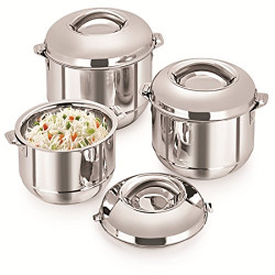 Warmeo Steam Stainless Steel Insulated Casserole, 1000Ml+1500Ml+2500Ml, 3Pcs Gift Set, Silver.