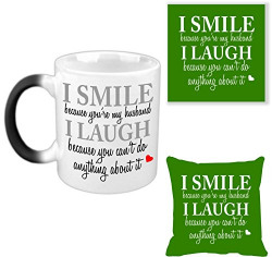 YaYa cafe Birthday Gifts for Husband, I Smile I Laugh Funny Teasing Husband Coffee Magic Mugs for Husband Gift Combo Hamper Set of 3 with Mug, Cushion Cover, Coaster