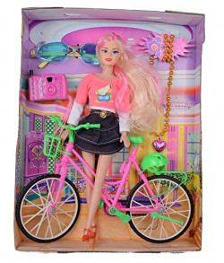 Super Toy Beautiful Doll with Bicycle Watch & Goggles Best Gift for Girls (Color and Design May Vary)