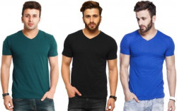 Tripr Solid Men's V-neck Green, Black, Blue T-Shirt(Pack of 3)