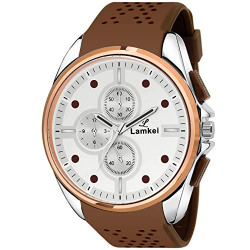Lamkei Imported Chronograph Display Silver Dial Brown Silicone Strap Men's Watch – LMK-0167