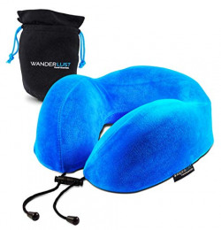 Wanderlust Travel Essentials U-Shaped Memory Foam Blue Travel Neck Pillow with Carry Bag