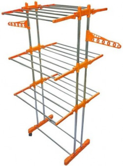 TNC Made In India Pure Stainless Steel Floor Mounted Strong Heavy Duty 3 Layer Double Poll With Pure Stainless Steel Wall Mounted Rich Look Double Towel Rod Worth Rs 799 Free Stainless Steel, Polypropylene Floor Cloth Dryer Stand(Orange, Silver)