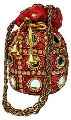 Filora Women's Ethnic Rajasthani Silk Potli Bag/Potli Purse/Bridal Clutch/Bridal Purse (Red)