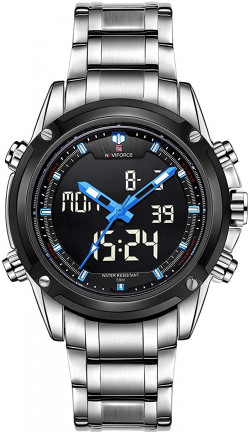 Naviforce Shadow Screen Silver Chain Blue Highlight Analog & Digital Wrist Watch for Men & Boys (NF9050_S/B/BE). 