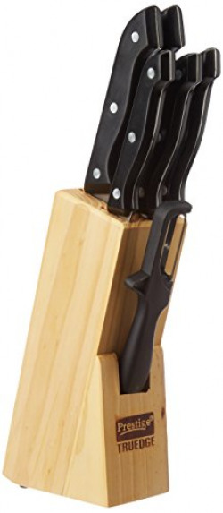 Prestige Tru-Edge Kitchen Knife Set with Wooden Block and Free Peeler, 5-Pieces, Black