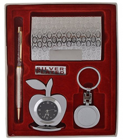 Silver Plated Ball Pen and Silver Plated Visiting Card Holder and Silver Plated Apple Shape Clock and Silver Plated Key Ring (Silver, Pack of 4)