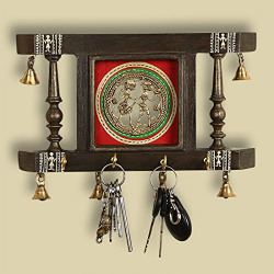 ExclusiveLane 'Brass People On Teak Wood' Warli Hand-Painted Key Holder with Dhokra Art (4 Hooks) - Key Holders for Wall Décor Key Hanger Home Décor Wall Hanging Key Holders for Wall Decor