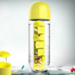 Okayji Plastic Pill Organizing Storage Bottle with Drinking Cup, 600ml, Yellow