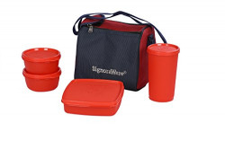 Signoraware Best Plastic Lunch Box Set with Bag, 200ml, 4-Pieces, Red
