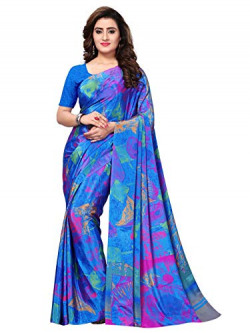 Kanchnar Women's Blue Crepe Printed Saree