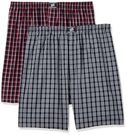 Hanes Men's Checkered Cotton Boxers (Pack of 2)(P108_Navy-Red Check 2_M)