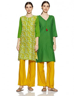 Amazon Brand- Myx Women's Straight Kurta (Pack of 2)(SS18A6B6_Green, Yellow_X-Large)