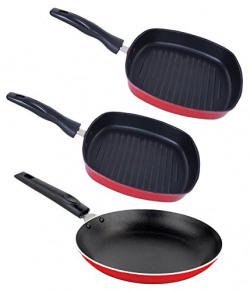 Nirlon Non-Stick Aluminium Cookware Set, 3-Pieces, Red (2.6mm_TP_GP(22.5)_GP(24))
