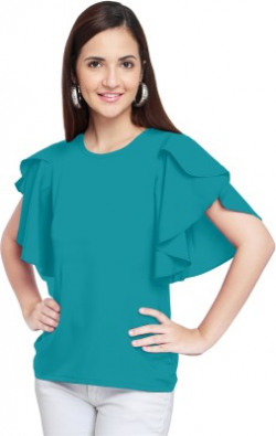 Oomph! Casual Butterfly Sleeve Solid Women's Blue Top