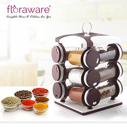 Floraware 12-Jar Revolving Spice Rack, Masala Box, Spice Box, Masala Rack, Trolley Rack (Dark Brown)
