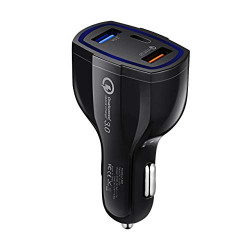 Rapid Car Charger Quick Charge 3.0 with Dual USB Port Type-C Port Car Phone Charger, Black