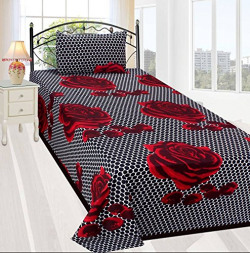 HFI 140 TC Cotton Single Bedsheet with 1 Pillow Cover - Red and Black