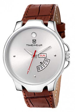 TIMEWEAR Day Date Functioning Silver Dial Brown Strap Watch for Men
