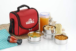 Wellcare Stainless Steel Carewell Champ 4 Container Lunch Box with Locking Glass and Bag (Red)
