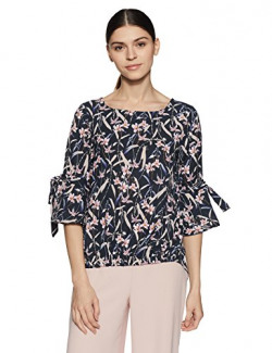 Amazon Brand - Symbol Women's Floral Loose Fit Top (SS-18-SYMWBL102-Navy-S)
