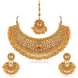 Apara Bridal Gold Plated Pearl LCT Stones Necklace Jewellery Set For Women (Golden)