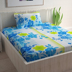 Divine Casa 100% Cotton Single Bedsheet with 1 Pillow Cover, Blue & Green - Floral (104 Tc)
