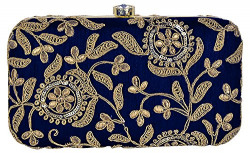 Tooba Hand Crafted Designer Box Clutch With Zari Embroidery Work For Women & Girls (Velvet_Golden_Zari_Blue)