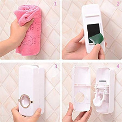 Leeonzi Plastic Toothpaste Dispenser Automatic with 5 Toothbrush Holder with Sticky Suction Pad (White)