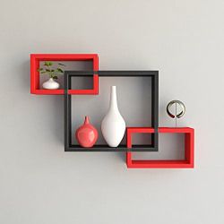 DecorNation 3 Piece Mounted Intersecting Storage Display MDF Floating Wall Shelf, Red and Black